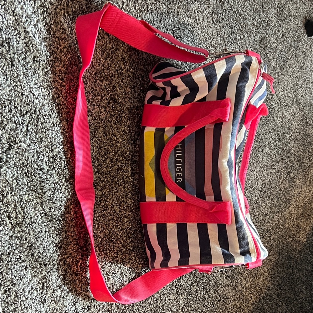 Tommy Hilfiger Pink and Black Striped Travel Bag